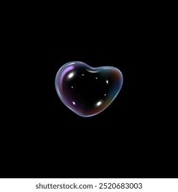 Vector illustration of a heart-shaped soap bubble. Transparent liquid bubble with rainbow refraction on a black isolated background. Realistic element for design.