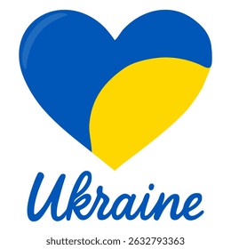 A vector illustration of a heart-shaped Ukrainian flag, featuring a unique blend of blue and yellow hues, with the word Ukraine elegantly scripted below.