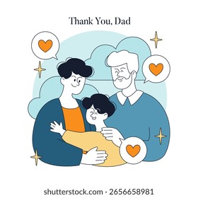 Vector illustration of a heartwarming scene of a family embracing with a thank you dad message. Features a child expressing gratitude and love through a hug.