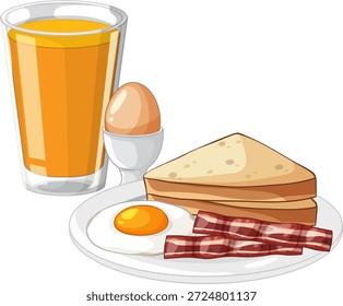 Ilustración vectorial de un abundante desayuno que incluye huevos, tocino, tostadas y jugo de naranja fresco