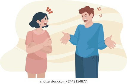 Vector illustration of heated argument between a young woman and man. Scene of family quarrel, disagreement and confrontation of partners.