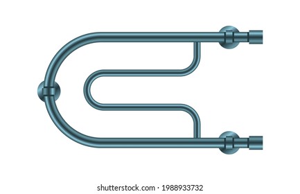Vector illustration heated towel rail isolated on white background. Realistic metal coil pipe icon in flat cartoon style. Modern iron bathroom central heating radiator. Shiny towel rack for bathroom.