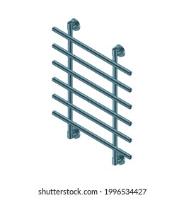 Vector illustration heated towel rail isolated on white background. Realistic metal coil pipe icon in flat cartoon style. Modern iron bathroom central heating radiator. Shiny towel rack for bathroom.