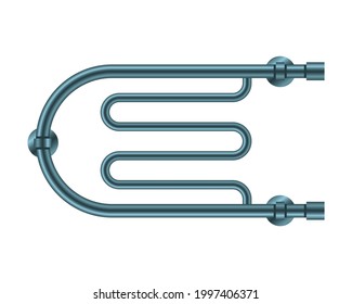 Vector illustration heated towel rail isolated on white background. Realistic metal coil pipe icon in flat cartoon style. Modern iron bathroom central heating radiator. Shiny towel rack for bathroom.