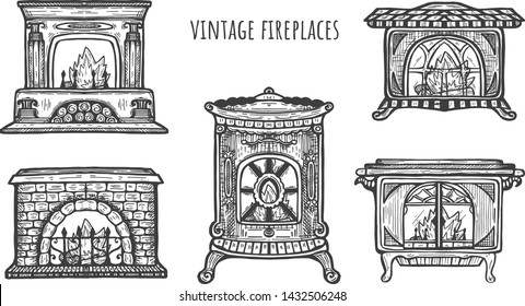 Vector illustration of heaters and cooking appliances for home interior set. Vintage fireplaces and potbelly stoves. Vintage hand drawn style.