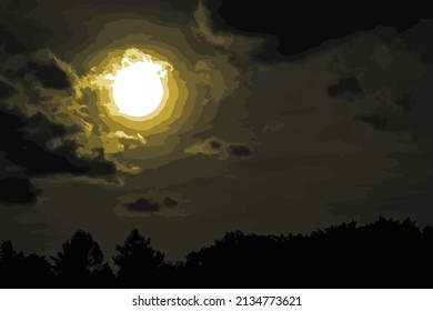 Vector illustration. Heaven over the forest. The sky is covered with clouds. Shining sun. Illustration in a low range of color tones, but the bright sun and its glow.
