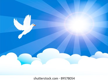 vector illustration of heaven with sun and clouds and little dove