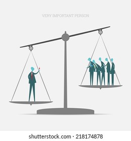 Vector illustration of a heavier very important person standing victoriously on a scale holding a glass of champagne in view of envious second winners on the other side of the scale.