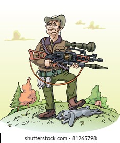 A vector illustration of a heavy armed hunter and his poor bag.