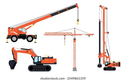 Ilustração vetorial de equipamento de construção pesada. Guindaste móvel, guindaste de torre, escavadora e máquina de perfuração. Ideal para construção, engenharia e design industrial.