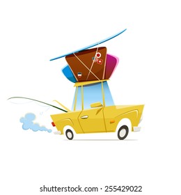 Vector Illustration Of Heavy Loaded Car Which Is Traveling To Vacation