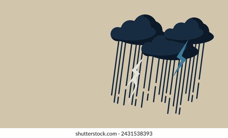 Vector illustration of heavy rain. A lot of rain is falling from the rain clouds. There is thunder.