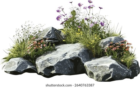 Vector illustration of heavy rocks, grassy flowery decoration, transparent background, landscape design, nature elements, stone arrangement, isolated objects, green grass,