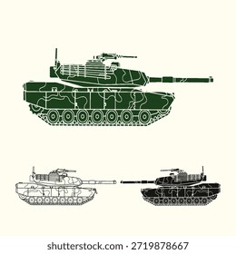 Ilustración vectorial de un tanque pesado aislado en un fondo ligero, tres estilos gráficos diferentes