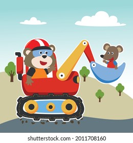 Vector illustration of heavy tool with cute animal, Can be used for t-shirt print, kids wear fashion design, fabric textile, nursery wallpaper and other decoration.