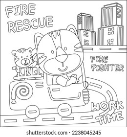 Vector illustration of heavy tool with cute tiger. Creative vector Childish design for kids activity colouring book or page.