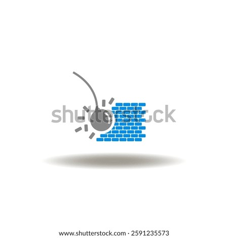 Vector illustration of heavy weight metal wrecking ball breaking brickwall. Symbol of demolition, dismantling, disassembly.