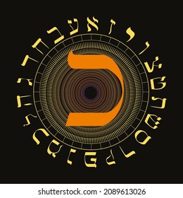 Vector illustration of the Hebrew alphabet in circular design. Hebrew letter called Kaph large and reddish orange.