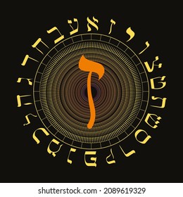 Vector illustration of the Hebrew alphabet in circular design. Hebrew letter called Zayin large and reddish orange.