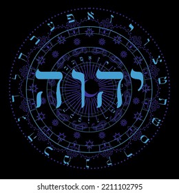 Vector illustration of the Hebrew alphabet in circular design. Sacred Tetragram in Hebrew.