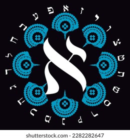 Vector illustration of the Hebrew alphabet in circular design. Hebrew letter called Aleph large.