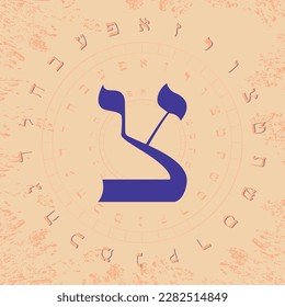 Vector illustration of the Hebrew alphabet in circular design. Large blue Hebrew letter called Tsaddi.	
