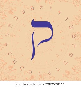 Vector illustration of the Hebrew alphabet in circular design. Large blue Hebrew letter called Qoph.	