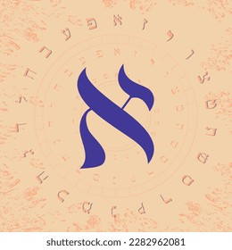 Vector illustration of the Hebrew alphabet in circular design. Hebrew letter called Aleph large and blue.