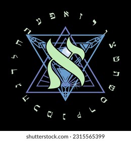 Vector illustration of the Hebrew alphabet in circular design. Hebrew letter called Aleph large and green.