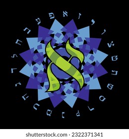 Vector illustration of the Hebrew alphabet in circular design. Hebrew letter called Aleph large.	