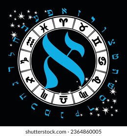 Vector illustration of the Hebrew alphabet and zodiac signs. Hebrew letter called Aleph blue and big