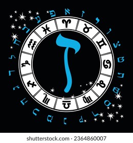 Vector illustration of the Hebrew alphabet and zodiac signs. Hebrew letter called Zayin blue and big