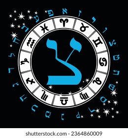Vector illustration of the Hebrew alphabet and zodiac signs. Hebrew letter called Ayin blue and big