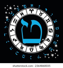 Vector illustration of the Hebrew alphabet and zodiac signs. Hebrew letter called Teth blue and big