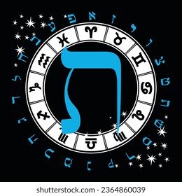 Vector illustration of the Hebrew alphabet and zodiac signs. Hebrew letter called Tau blue and big