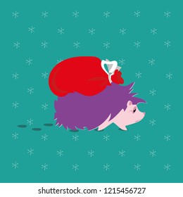 Vector illustration of a hedgehog bringing Christmas Santa sack, in an abstract winter background with snowflakes