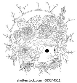 Vector illustration hedgehog with flowers. Coloring book anti stress for adults. Black and white