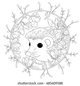 Vector illustration hedgehog with flowers. Coloring book anti stress for adults. Black and white
