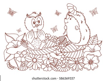 Vector illustration hedgehog flowers surrounded owl gives a daisy. Work done by hand. Book Coloring anti-stress for adults and children. Brown and white
