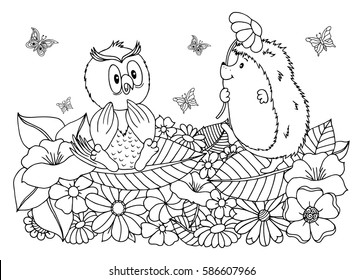 Vector illustration hedgehog flowers surrounded owl gives a daisy. Work done by hand. Book Coloring anti-stress for adults and children. Black and white.