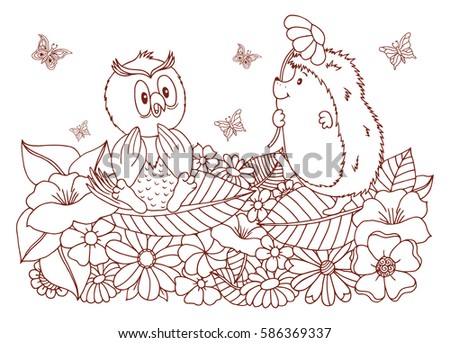 Vector illustration hedgehog flowers surrounded owl gives a daisy. Work done by hand. Book Coloring anti-stress for adults and children. Brown and white