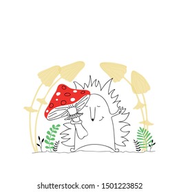 Vector illustration of hedgehog and fly agaric, comical print on clothes