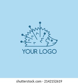 Ilustración vectorial del logotipo de un erizo con agujas de coser. Logo para una empresa de costura o textil.