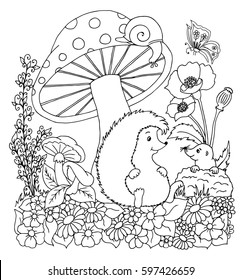 Vector illustration of a hedgehog with a mole on a clearing under a mushroom. The work is done manually. Coloring books antistress for adults and children. Black and white.