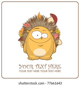 Vector illustration of hedgehog with mushrooms and leafs. Place for your text.