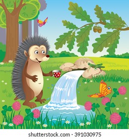 Vector illustration of hedgehog near a spring in the meadow