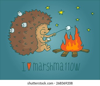 Vector Illustration of Hedgehog roast marshmallows over a campfire