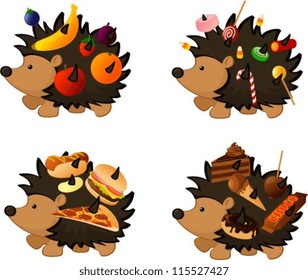 Vector illustration of a hedgehog stealing various food items isolated on white.