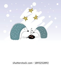 Vector illustration. Hedgehogs bake pancakes in the evening on christmas