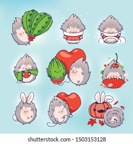 vector illustration with hedgehogs, cartoon character hedgehog